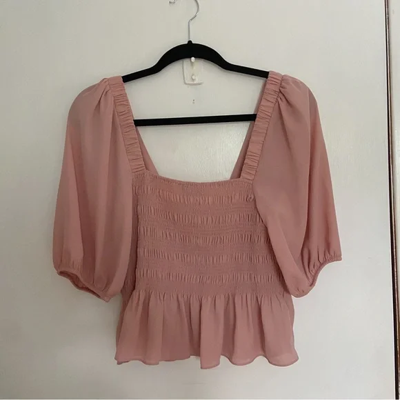 WAYF Blush Pink Puff Sleeve Smocked Peplum Cropped Blouse - Picture 3 of 7